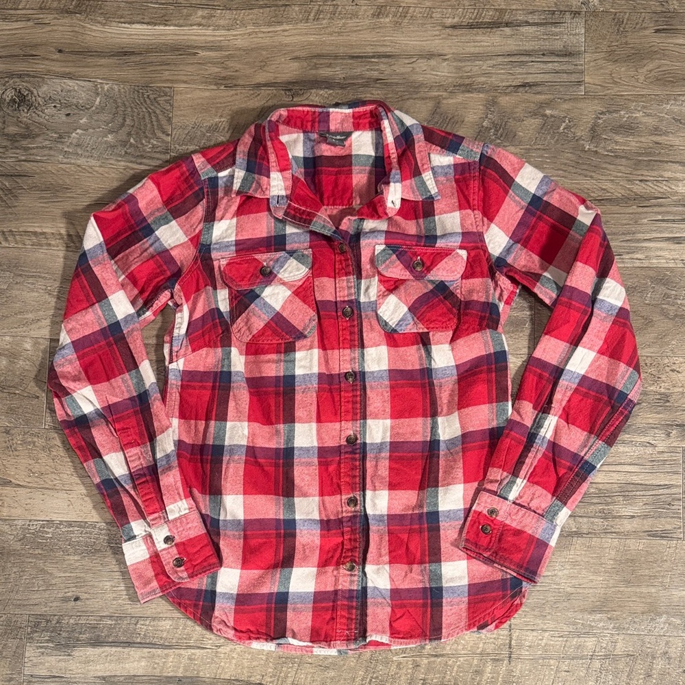 Eddie Bauer Red White Green & Navy Blue Plaid Button-Up Shirt - Size XS